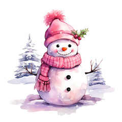 Pink snowman, watercolor illustration. Isolated transparent background