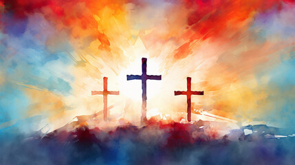 Projeto de fundo de Páscoa de três cruzes brancas no fundo do nascer do sol em aquarela em vermelho laranja e azul, design de feriado cristão religioso