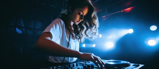 Beautiful woman dj playing at nightclub party lifestyle - obrazy, fototapety, plakaty