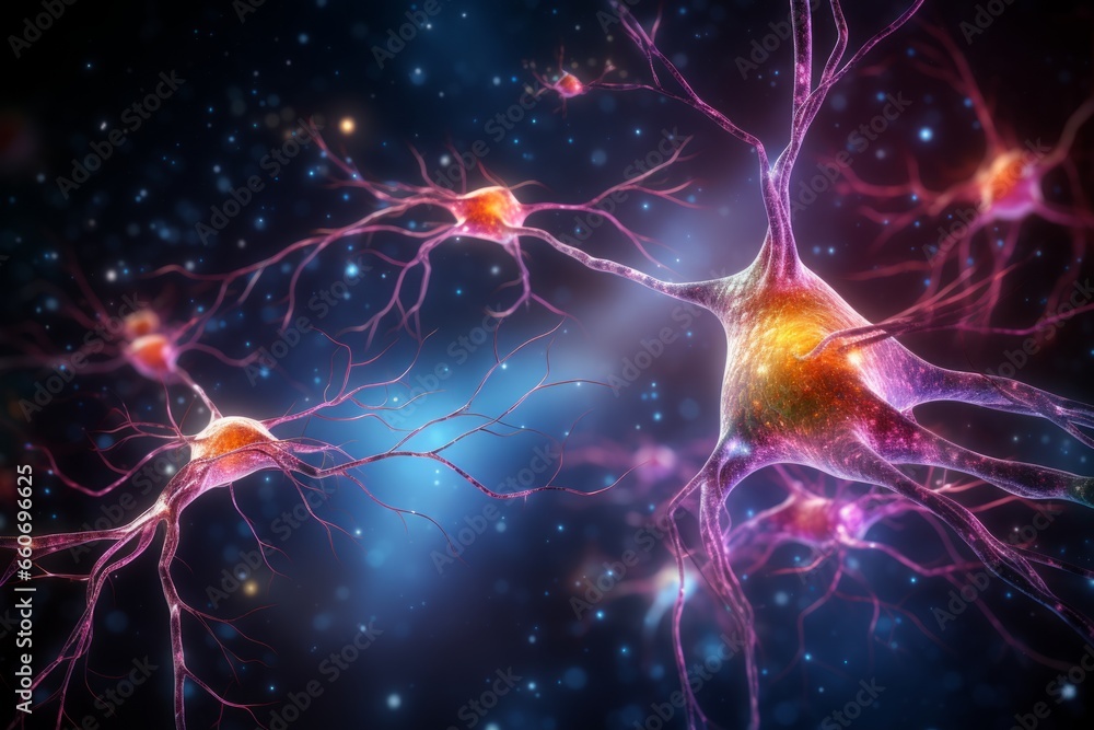 Wall mural neuron cells neural network under microscope neuro research science brain signal information transfe
