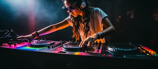 Beautiful woman dj playing at nightclub party lifestyle