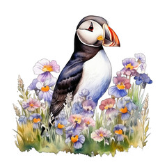 Floral Puffin watercolor illustration, isolated on white transparent background, boho style