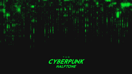 Fototapeta premium Abstract vector green cyberpunk halftone sound wave. Scrathed dotted texture element.