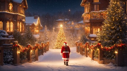 Yuletide Wonders: Santa's Magical Trek in a Christmas Town