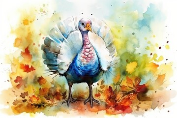 Turkey in wild nature in watercolor illustration