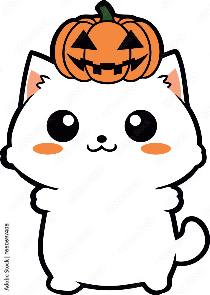 Poster halloween pet white cat with pumpkin