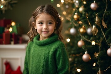 Festive Wonder: Young Child in Christmas Pajamas by the Tree