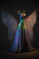 full length profile view of Beautiful fairy dress with fairy wings attachment on a mannequin hyperrealistic hypertextured hyperdetailed colourful lumen global illumination butterfly pattern on dress 