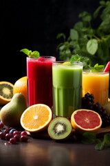 Shots of fresh juices , different fruits and colors, natural energizing Immune-boosting with healthy vitamins and nutrients. Detox concept. High quality photo