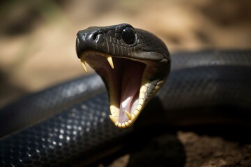 A close-up of a menacing black mamba snake with its mouth wide open. Generative AI - obrazy, fototapety, plakaty