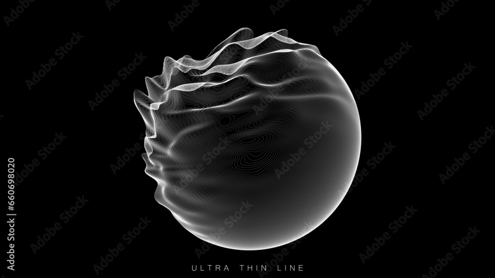 Poster distorted line spheres. vector thin line glitch geometry.