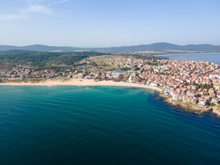Naklejka na ściany i meble Aerial view of town of Sozopol and Harmanite Beach, Bulgaria