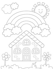 rainbow and house coloring page for kids. you can print it on standard 8.5x11 inch paper