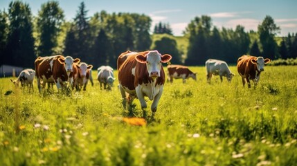 Obraz premium herd of cows in the pasture on a sunny day