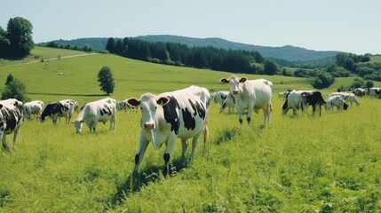 Herd of cows on green grass field in summer
