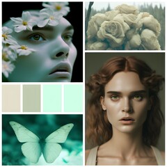dreamcore weirdcore aesthetic moodboard tan white pastel green flower crown butterfly Netflix style cinematic color scheme cinematic lighting dramatic lighting hyper realistic hyper detailed HD 4K 