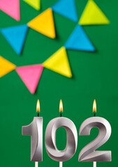 Candle number 102 birthday - Green anniversary card with pennants