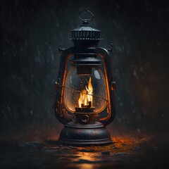 oil lantern in the rain 35mm macro 8k vivid flame background blur dramatic lighting  - obrazy, fototapety, plakaty