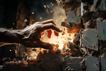 Hand breaking through a brick wall. Beyond all limits. Generative AI