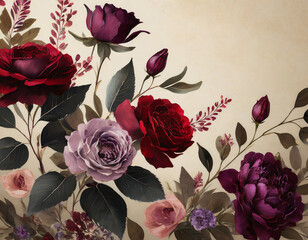 Dark Florals Roses Bouquet on Natural neutral brown backgrund