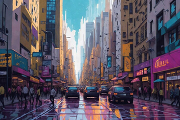 A colorful digital painting of a bustling city street, with people, cars, and buildings in a lively and energetic composition. Cyberpank city