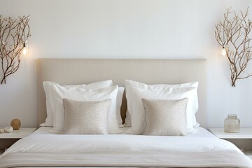 A bed with a white headboard and pillows, two lamps, and a white wall. Generative AI