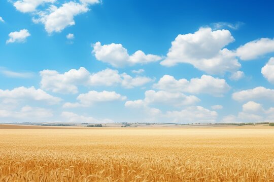 A sunny wheat field with distant trees, blue sky, and clouds. Generative AI