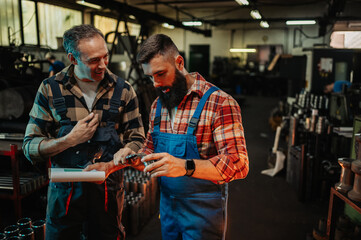 A senior engineer sharing experience to a young one during factory check-up.