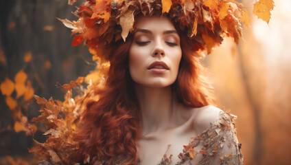 Obraz na płótnie Canvas Ai generative image of a beautiful woman in the Autumn with a rich wreath of autumn leaves on her head, being in bliss with her eyes closed. 
