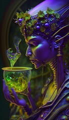 machine elf drinking a mysterious liquid in a organic bowl organic technology place green purple yellow RADIANT HOPEFUL brightful 8k visionary art hdr realistic octane render ultra detailed 