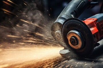 Close-up of angle grinder in grunge style scene, sparks flying as it works. With copy space. Perfect for banners, posters, advertisement brochures, business cards, design projects.