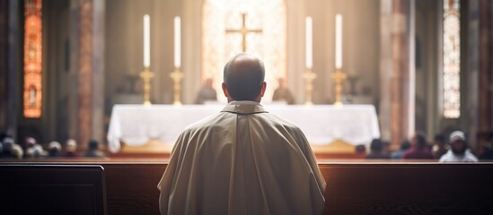Rear view of a priest praying in church