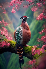 A beautiful spring scene in Zhangjiajie mountains with a beautiful reeves pheasant glittering feathersmahoganyblossomsflowing waterlong beautiful jewelry dotted feathers Reeves pheasant perched on 