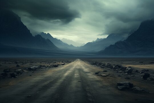 Desolate road, scenic mountains. Generative AI
