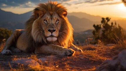 Lion lying on the plain with the Sun setting over the Mountain