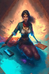 Illustration Jasmine on Magic Carpet Ready Player One Fortnite Zelda Resident Evil Game Style Vibrant Red Orange Blue Green Teal Centered Composition Forced Perspective Cinematic Lighting Diffused 
