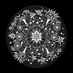 very precious circular lace patter inspired by sacred texts linocut black and white 