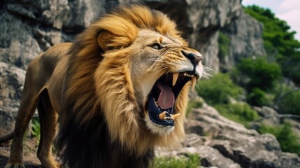 lion roars on a rocky cliff