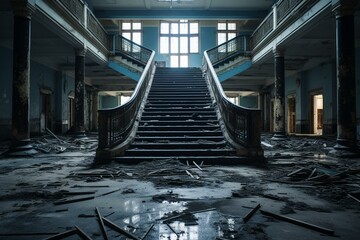 Deserted mental hospital displaying filthy vacant hall and steps. Generative AI
