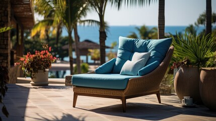 Fototapeta na wymiar Lounge chair on terrace near swimming pool and garden in beach luxury villa
