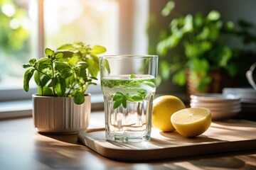 A glass of fresh water with mint and lemon on the kitchen table. healthy habits and morning rituals