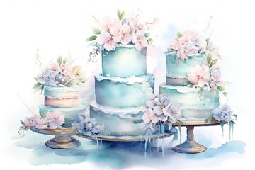Watercolor illustration of blue wedding cake decorated with flowers and candles