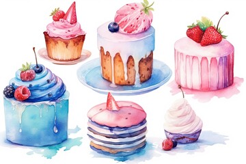 Watercolor cakes set. Hand drawn illustration isolated on white background