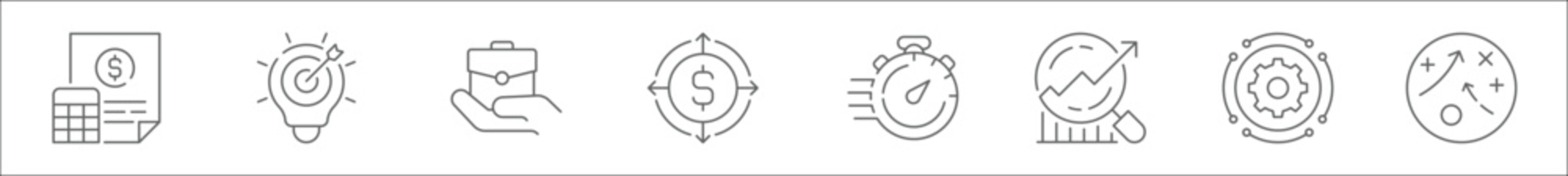 Outline Set Of Business Plan Line Icons. Linear Vector Icons Such As Financial Plan, Targeting, Briefcase, Money Exchange, Timer, Return On Investment, Work Process, Planning