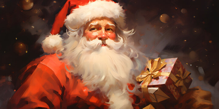 santa claus with gifts at christmas, digital painting