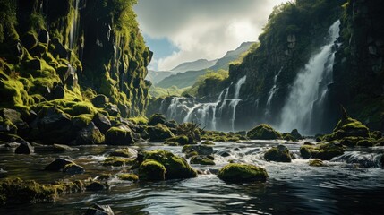Majestic waterfall in iceland national park forest - obrazy, fototapety, plakaty