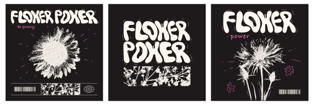 Modern posters set with flower power phrase. Y2K trendy streetwear print for t-shirts and hoodies. Vector dot textute flowers.
