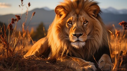 Male lion in the grass. with a mountain background