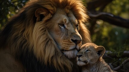 Fototapeta premium male lion is lovingly embraced by his cub