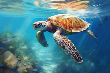 Large turtle swimming in warm ocean waters. Generative AI